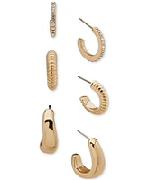 Anne Klein Gold-Tone 3-Pc. Set Crystal, Textured, & Puffy Small Hoop Earrings