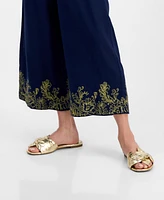 Jm Collection Women's Linen Blend High-Rise Pull-On Embroidered-Hem Pants, Exclusively at Macy's