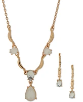 Anne Klein Gold-Tone Mixed Stone Lariat Necklace & Drop Earrings Set