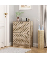 The 2-door wooden shoe cabinet and fashionable shutter door design, sturdy and durable, efficient and stored
