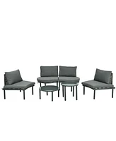 6-Pc Half Moon Patio Sofa Set, Wicker, Glass Tables, Cushions & Pillows - Gray