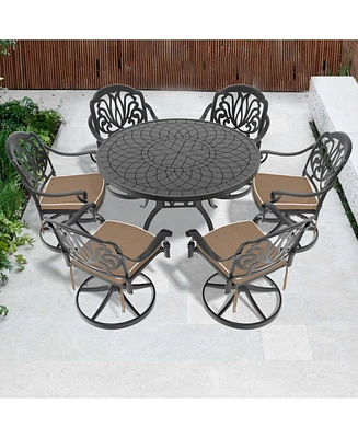 7-Pc Cast Aluminum Dining Set, 6 Swivel Chairs, 47" Round Table, Black Frame