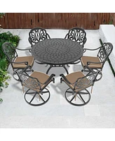 7-Pc Cast Aluminum Dining Set, 6 Swivel Chairs, 47" Round Table, Black Frame