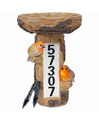 Staked Country Tree Stump Bird Bath with Solar Lighted Address Plate and Custom Number Stickers Set - 15.5-Inch H