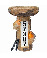 Staked Country Tree Stump Bird Bath with Solar Lighted Address Plate and Custom Number Stickers Set - 15.5-Inch H