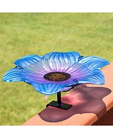 Glass Bird Bath Bowl - 11.5” Diameter - Includes Deck Clamp and Staked Stand - Morning Glory