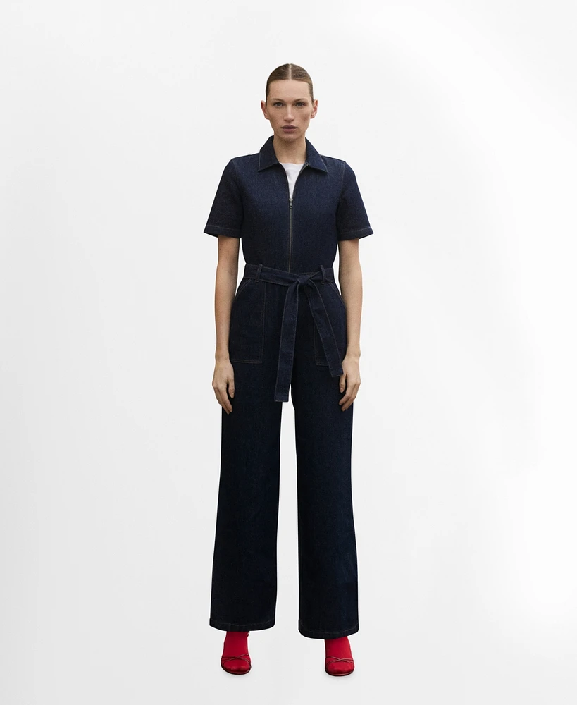 Mango Women's Short-Sleeved Denim Jumpsuit