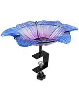 Glass Bird Bath Bowl - 11.5” Diameter - Includes Deck Clamp and Staked Stand - Morning Glory