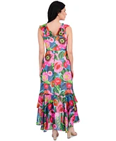 kensie Women's Printed Chiffon Ruffle-Trim Maxi Dress