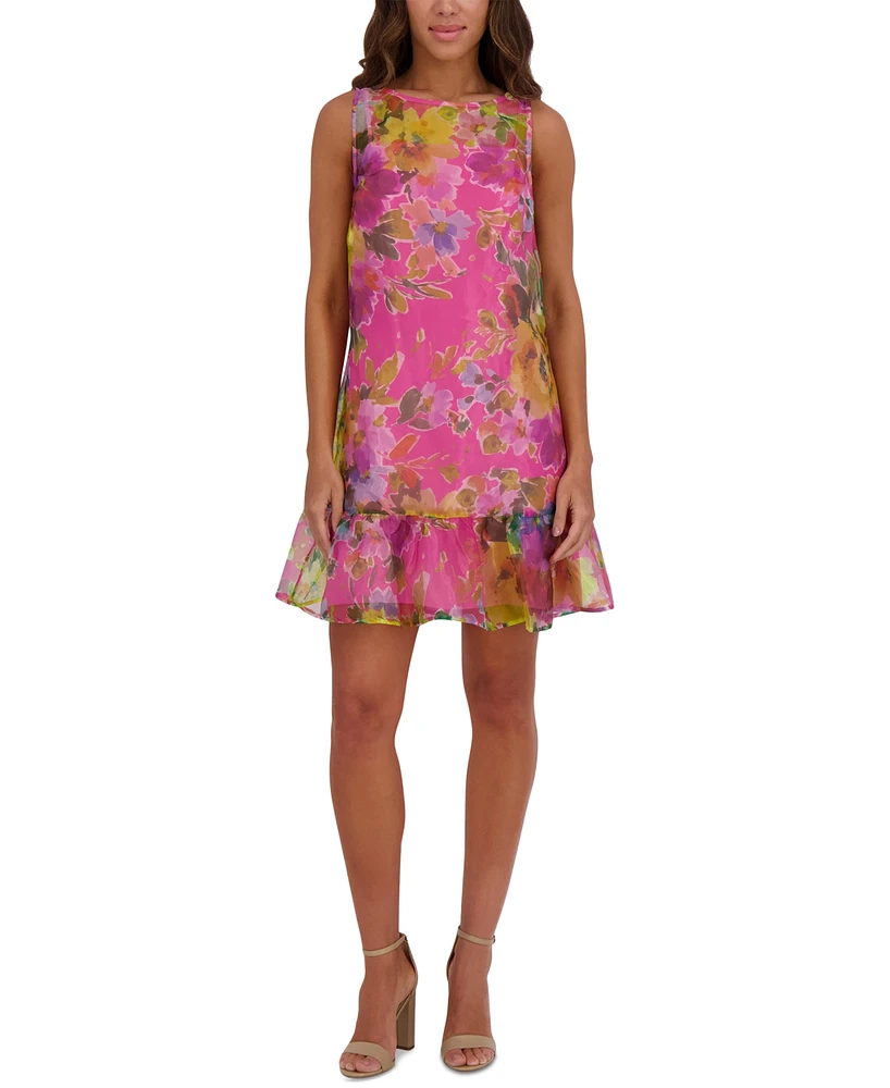kensie Women's Printed Organza Flounce-Hem Mini Dress