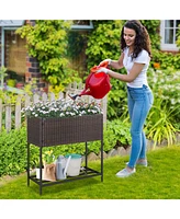 Wicker Raised Garden Bed with Storage Shelf and Removable Liner for Flowers