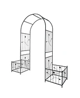 Metal Garden Arch with two plant stands 79.5'' Wide x 86.6'' High Climbing Plants Support Rose Arch Outdoor Black