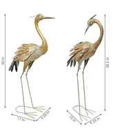 Golden Crane Metal Yard Art, Lawn and Garden Sculpture Decor- Gold with Blue Accent - Includes 2 Statues
