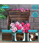 Wagon Wheel 2-Tier Rustic Wood Plant Stand - Tiered Garden Box - For Patio, Garden