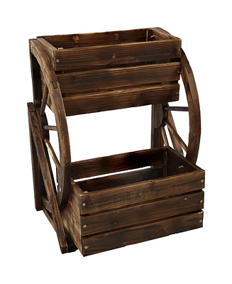 Wagon Wheel 2-Tier Rustic Wood Plant Stand - Tiered Garden Box - For Patio, Garden