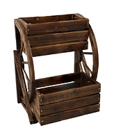 Wagon Wheel 2-Tier Rustic Wood Plant Stand - Tiered Garden Box - For Patio, Garden