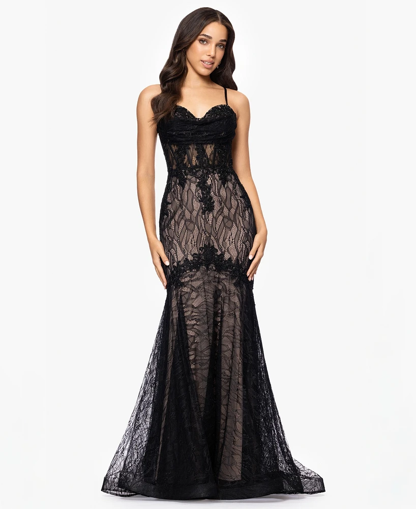 Blondie Nites Juniors' Lace Sweetheart-Neck Lace-Up-Back Gown