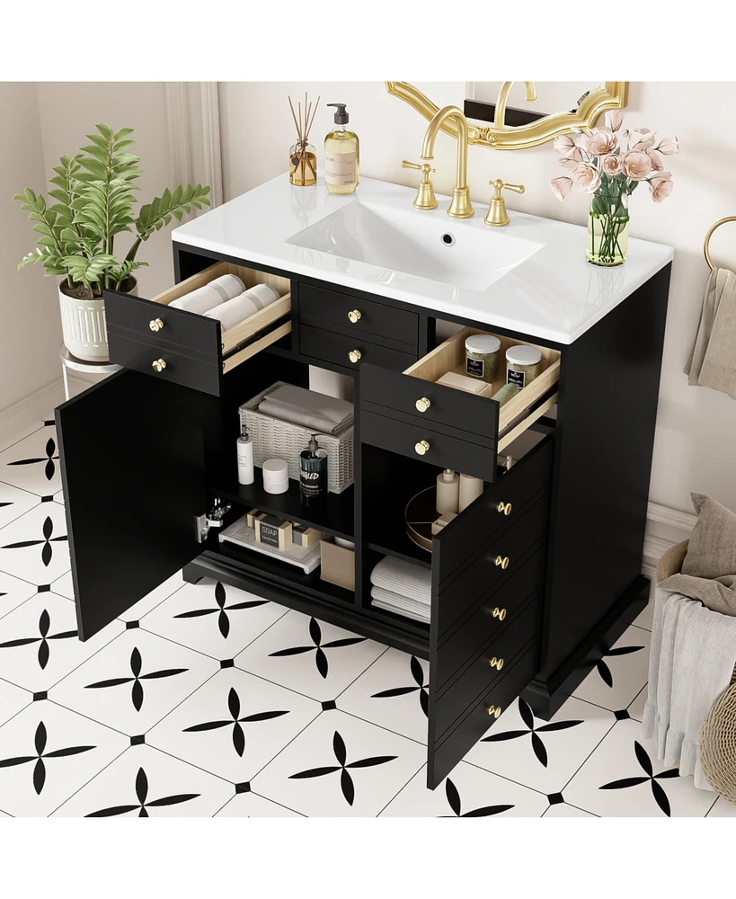 Freestanding Bathroom Vanity Set: 36" Vanity with Ceramic Sink, Soft-Close Doors and Drawers, Black