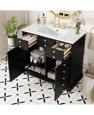 Freestanding Bathroom Vanity Set: 36" Vanity with Ceramic Sink, Soft-Close Doors and Drawers, Black