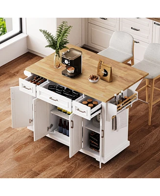 Large Kitchen Island with Drop Leaf, Embossed Rolling Cart with Storage