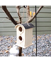 2-Level Wooden Bungalow Hanging Outdoor Bird House - Platane Wood Garden Decor - Features Two 1.75-Inch Diameter Openings and 0.5-Inch Long Perches