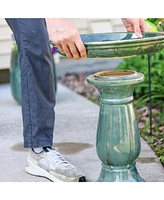 Avignon Outdoor Ceramic Bird Bath - 18.75" H - Uv- and Frost-Resistant - Pedestal Design - Green Mist