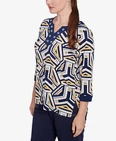 Alfred Dunner Women's Block Island Geometric Grommet Trim Top