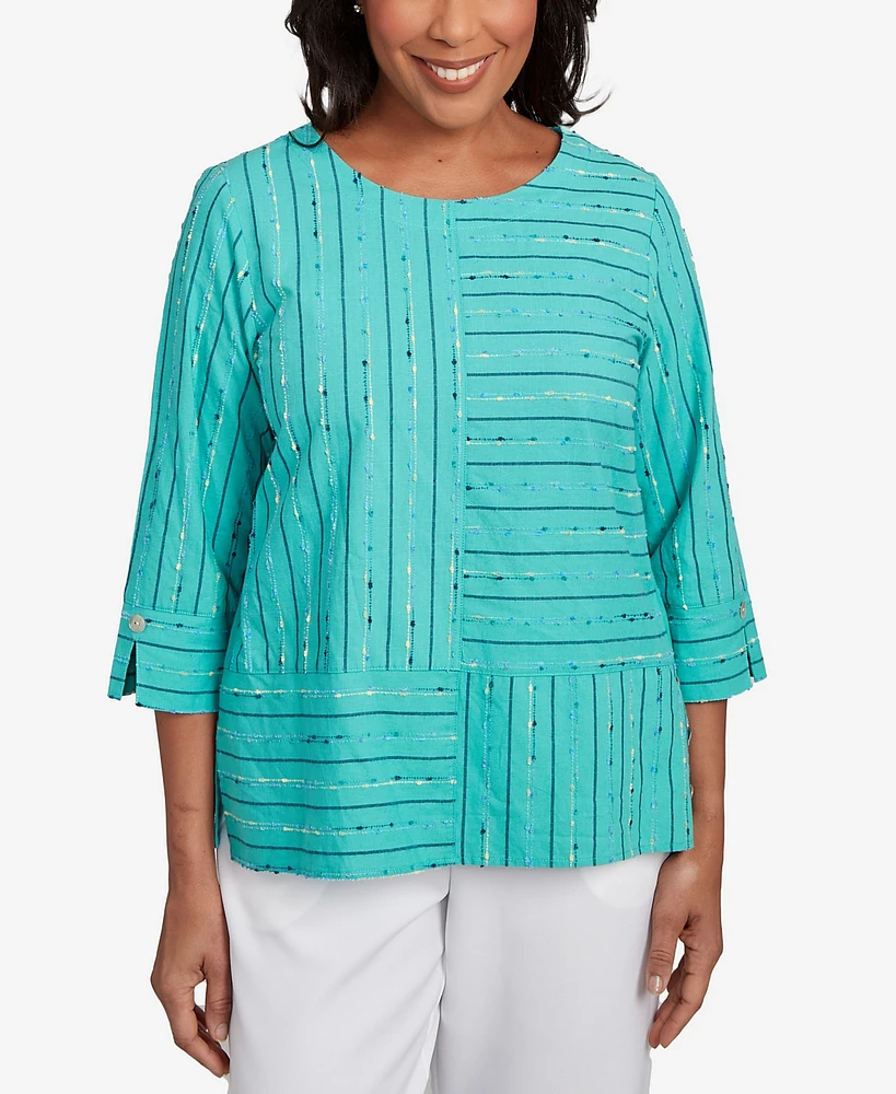 Alfred Dunner Women's Nantucket Spliced Jacquard Texture Crew Neck Top
