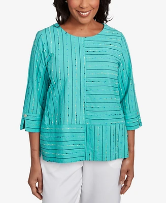 Alfred Dunner Women's Nantucket Spliced Jacquard Texture Crew Neck Top