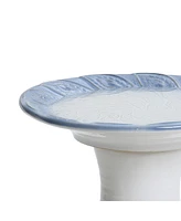 LuxenHome Blue Rim Feather-Pattern White Ribbed 20-Inch Tall Ceramic Birdbath