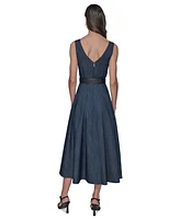 Karl Lagerfeld Paris Women's Belted Stretch Denim Midi Dress
