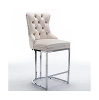 Set of 2 Counter Height Bar Stools Modern Velvet Barstools with Button Back Rivet Trim and Sturdy Chromed Metal Base for Kitchen Island-The Pop Home