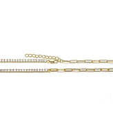 14K Gold Plated with Clear Cubic Zirconia Half Tennis Half Link Necklace