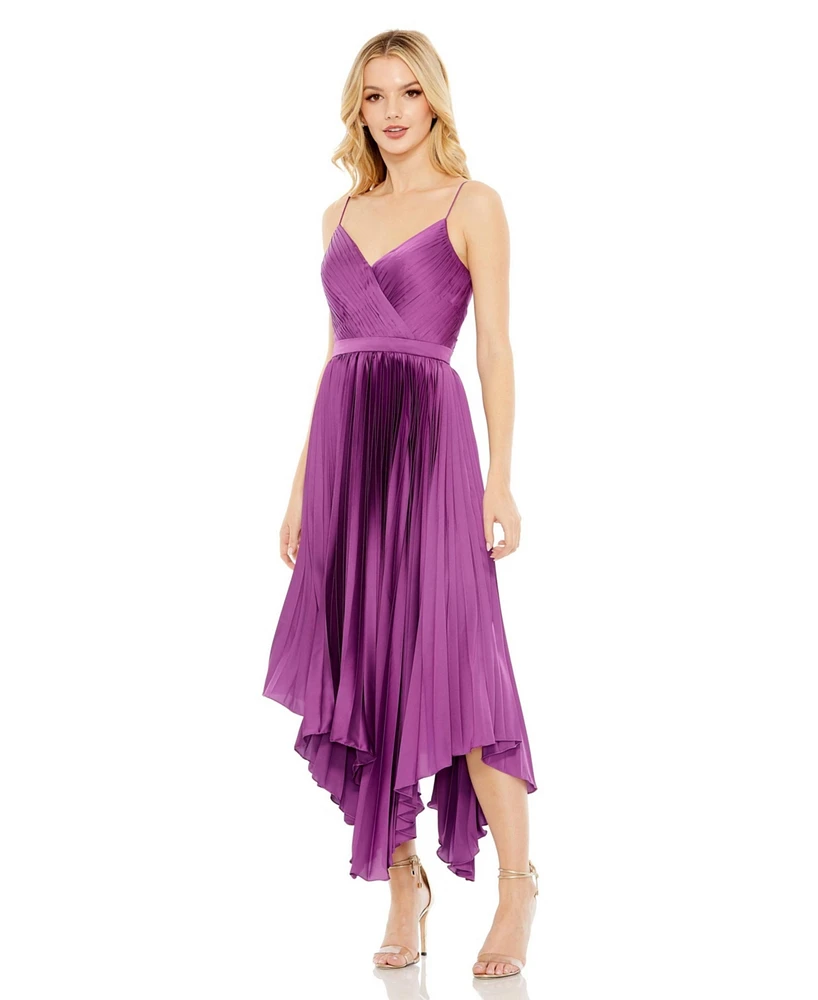 Mac Duggal Women's Pleated Satin Flowy Midi Dress