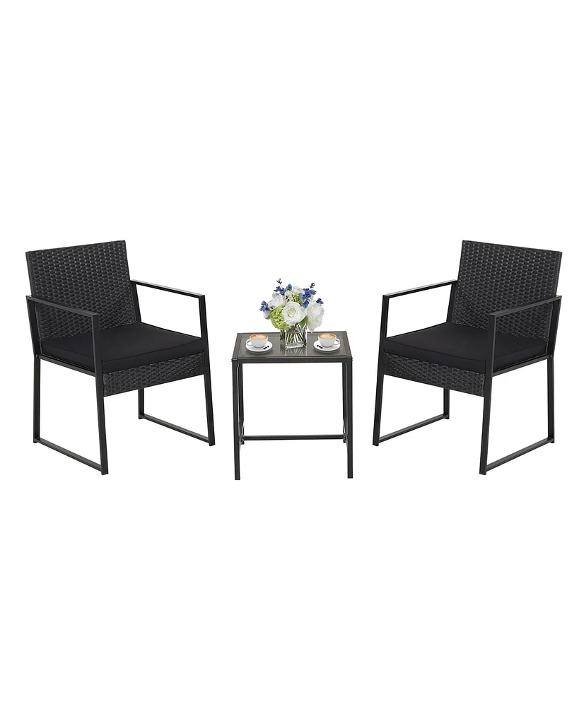 Gymax 3PCS Patio Rattan Pe Wicker Bistro Set Outdoor Furniture Set w/ Table & Cushion