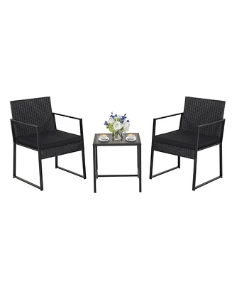 Gymax 3PCS Patio Rattan Pe Wicker Bistro Set Outdoor Furniture Set w/ Table & Cushion