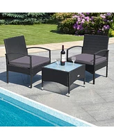 Gymax 3 Pcs Patio Wicker Rattan Furniture Set Coffee Table & 2 Rattan Chair W/Cushion