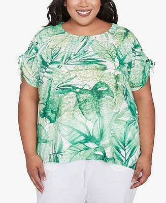 Alfred Dunner Plus Rise and Shine Monotone Tropical Leaf Top