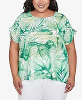 Alfred Dunner Plus Rise and Shine Monotone Tropical Leaf Top