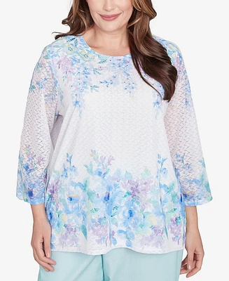 Alfred Dunner Plus St. Thomas Textured Sky Blue Floral Border Top