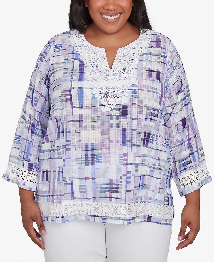 Alfred Dunner Plus Crystal Springs Watercolor Plaid Lace Neck Top