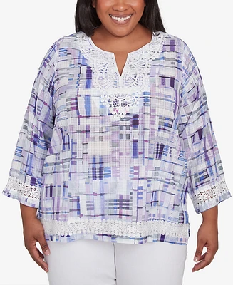 Alfred Dunner Plus Crystal Springs Watercolor Plaid Lace Neck Top