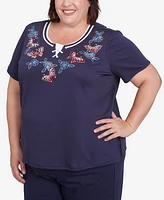 Alfred Dunner Plus Land of The Free Butterfly Crisscross Crew Neck Top