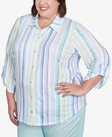 Alfred Dunner Plus St. Thomas Island Mint Stripe Knit Button Front Top