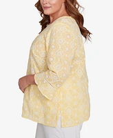 Alfred Dunner Plus Rise and Shine Embroidered Floral Eyelet Bell Sleeve Top