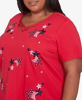Alfred Dunner Plus Land of The Free Embroidered Stars V-Neck Top