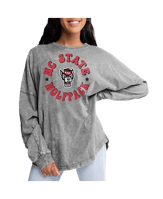 Gameday Couture Women's Gray Nc State Wolfpack Playing Around Faded Wash Oversized Long Sleeve T-Shirt