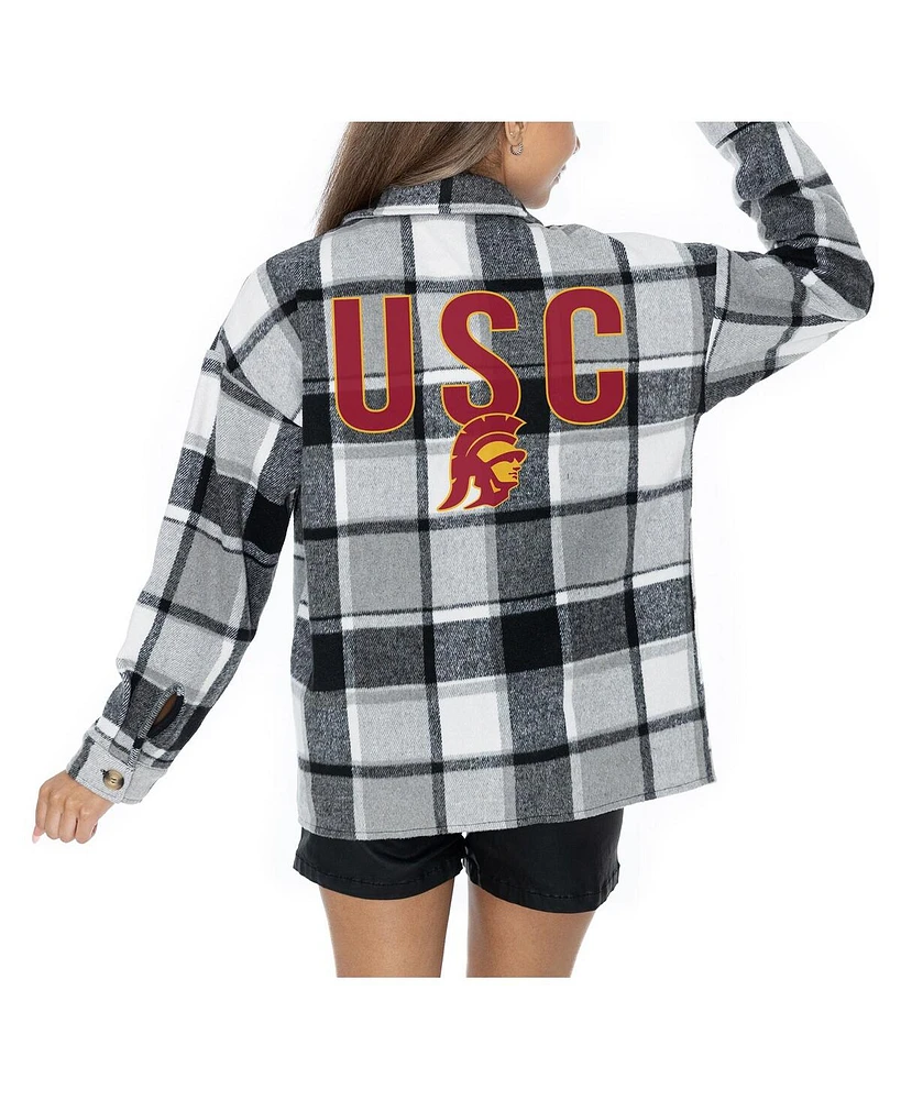 Gameday Couture Women's Grey Usc Trojans Long Sleeve Brushed Plaid Button-Up Overshirt Jacket