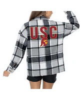 Gameday Couture Women's Grey Usc Trojans Long Sleeve Brushed Plaid Button-Up Overshirt Jacket