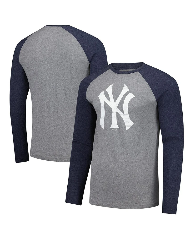 Fanatics Men's Heather Gray/Heather Navy New York Yankees Weathered Logo Tri-Blend Raglan Long Sleeve T-Shirt